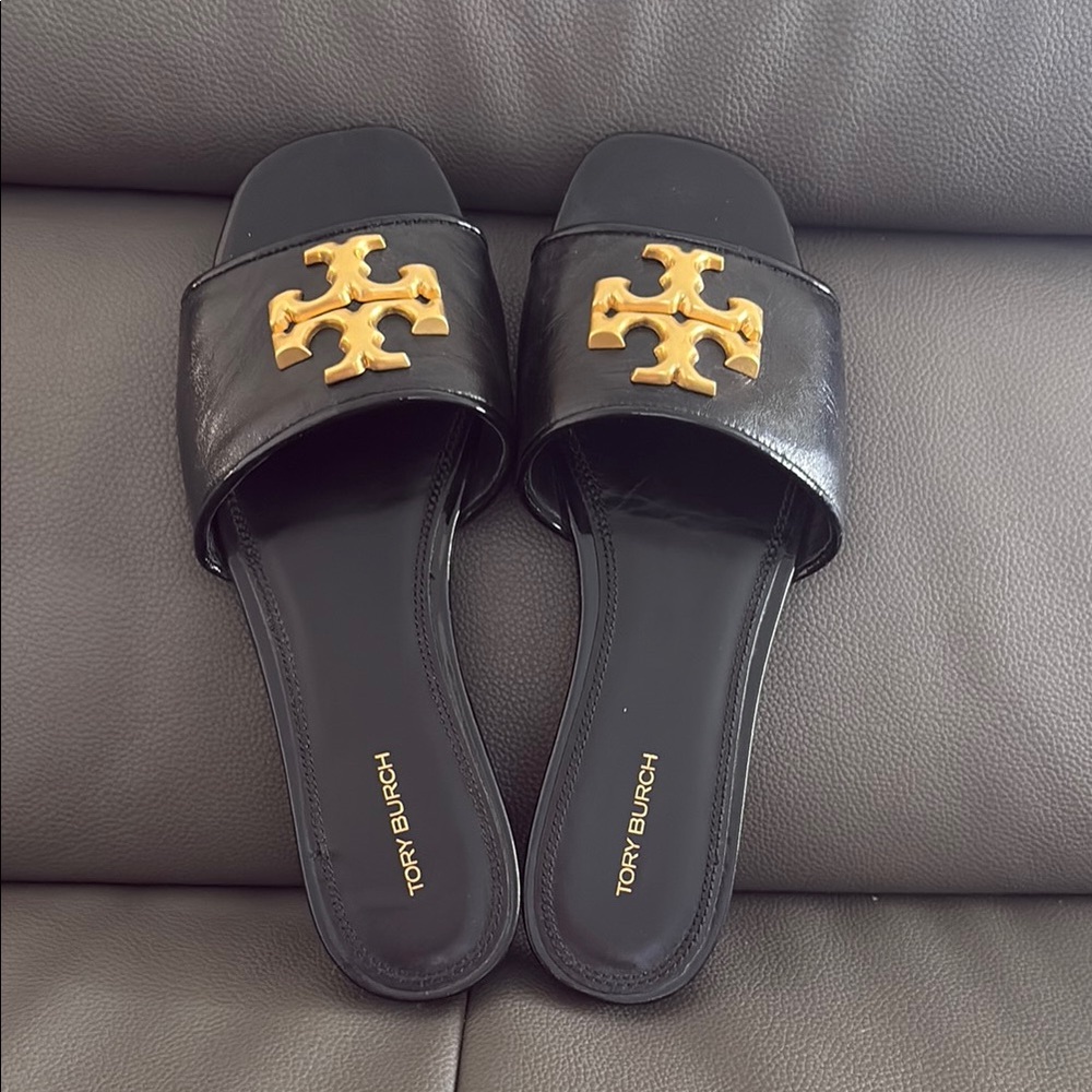 Tory Burch Black Slides with Gold Logo